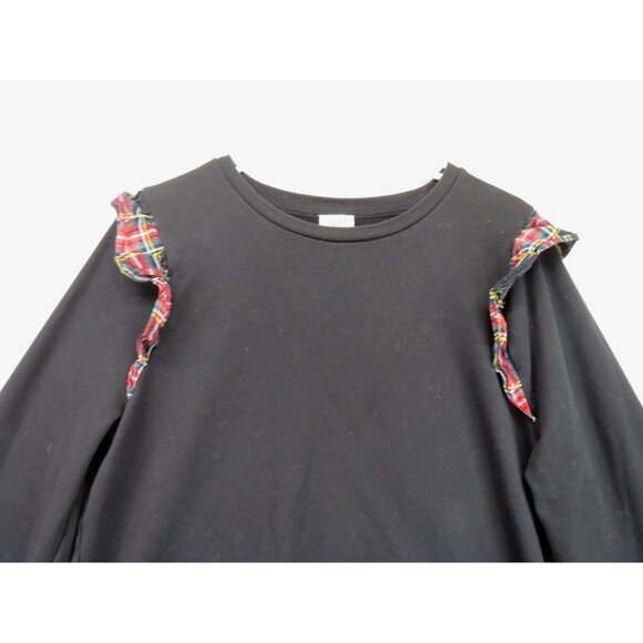 J.Crew Sweatshirt Womens XL Black Plaid Ruffle Shoulder Crewneck Pullover Tartan - Picture 2 of 8